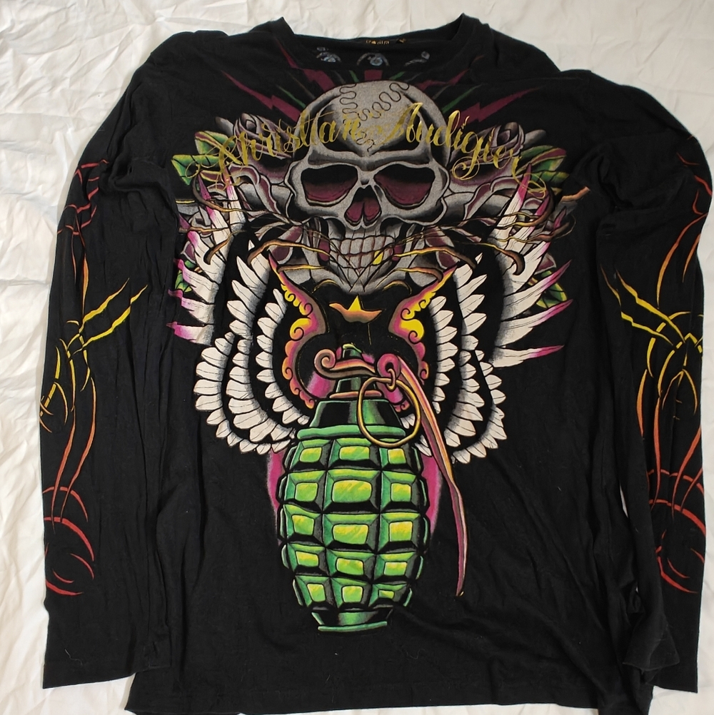 Christian Audigier Black and Green Graphic Long Sleeve Tee